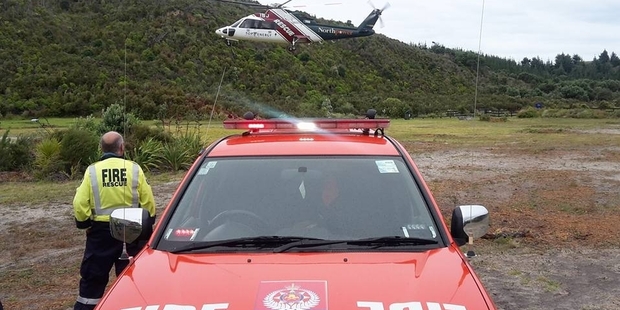 The Northland Electricity rescue helicopter takes a man who got into trouble at Kai Iwi Lakes to hospital after he was rescued by a group of campers.