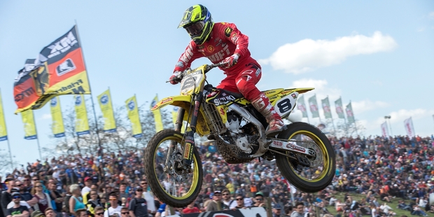 Tauranga's Ben Townley high flying on his way to sixth place overall in the Grand Prix of Germany last weekend. Photo / Suzuki Racing/Ray Archer