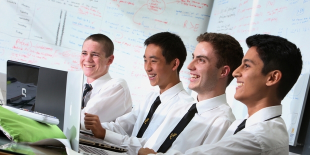 Daniel Davis, John Ma, Nick Foulkes and Shivam Khambete are in the midst of a maths marathon. Photo / Michael Cunningham