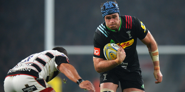Former Wallabies captain James Horwill on the charge for Harlequins against Gloucester at Twickenham. Photo / Getty Images
