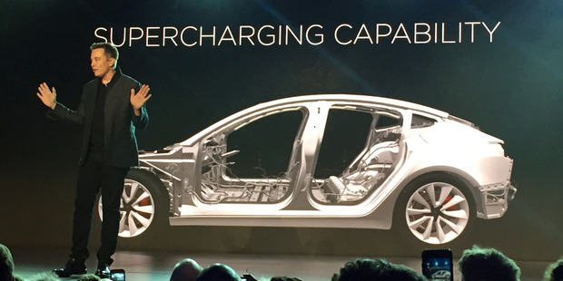 Tesla Motors Inc. CEO Elon Musk speaks at the unveiling of the Model 3 at the Tesla Motors design studio. Photo / AP