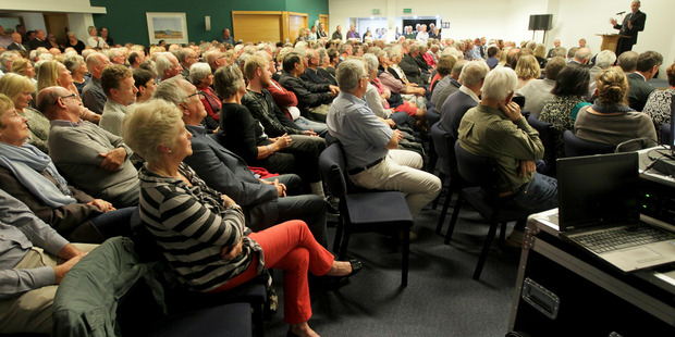 PACKED OUT: Hastings mayor Lawrence Yule addressed the crowd at the public meeting at Havelock North Community Centre to discuss the future of the Te Mata mushroom farm. PHOTO/Warren Buckland.