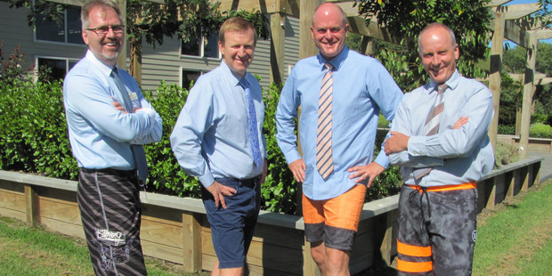 Waipuna Hospice chief executive Richard Thurlow, Health Minister Jonathan Coleman, National MP Todd Muller and Waipuna Hospice Board Chairman Mark Tingey.