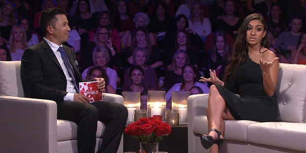 Naz with The Bachelor host Mike Puru during the Women Tell All special. Photo/TV3
