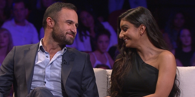 Jordan Mauger with Naz during The Bachelor's Women Tell All special. Photo/TV3