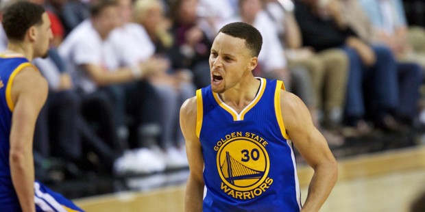 Golden State Warriors guard Stephen Curry reacts against Portland. Photo / Getty