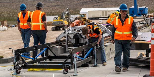 The Hyperloop is essentially a maglev train housed inside a near-vacuum tube. Wednesday's test didn't involve the tubes, and this time the sled was mounted on rails. Photo / Butterfly Photography