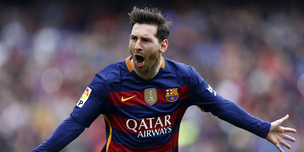 FC Barcelona's Lionel Messi reacts after scoring. Photo / AP