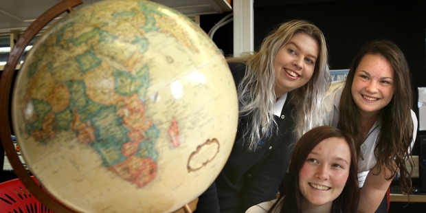 From left, Letitia Dixon, Bianca Ruegg and Amber Holdem, who visited Europe as part of the Tauranga Girls' College history and classics trip. Photo / John Borren