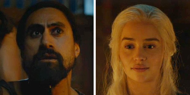 Joe Naufah as Khal Moro and Emilia Clarke as Daenerys Targaryen in Game of Thrones.
