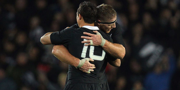 Brad Thorn embraces Dan Carter after winning a Bledisloe Cup match. Photo / Getty