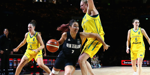Jordan Hunter of the Tall Ferns drives to the basket against Australia. Photo / Getty Images