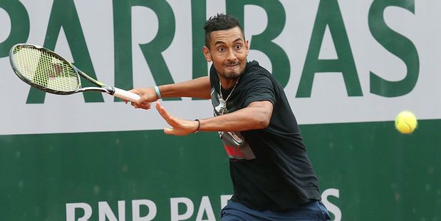 Australian Nick Kyrgios practices ahead of the 2016 French Open at Roland-Garros stadium. Photo / Getty Images