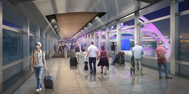 An artist's impression of a walkway from the automated people mover to terminal.