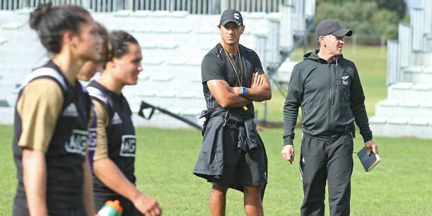 New Zealand Women's Sevens coach Sean Horan (right) at squad training at Blake Park yesterday. Photo / John Borren