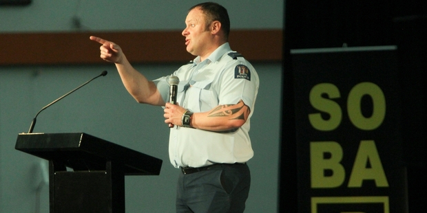 MC Acting Sergeant Simon Paul speaks at the Roadsafe Youth Alcohol Expo at Pettigrew Green Arena. Photo / Warren Buckland