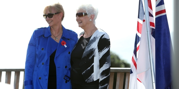 Sonya Sage with daughter Nina Baxster at a Saturday commemoration of the sinking which killed Mrs Sage's father, Lieutenant Douglas Blacklaws. Photo / Michael Cunningham