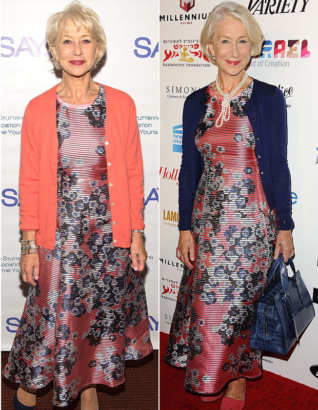 Dame Helen Mirren caught at two different events in the same dress. Photos / Getty Images