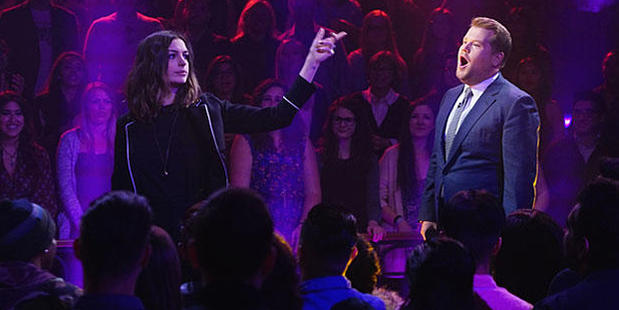 Anne Hathaway and James Corden in an epic rap battle The Late Late Show.