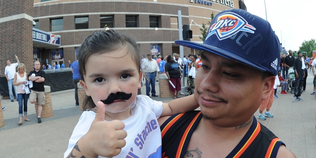 Steven Adams has built a cult following among Oklahoma City Thunder fans, many donning his now-famous moustache ... in various forms. Photo / Getty Images