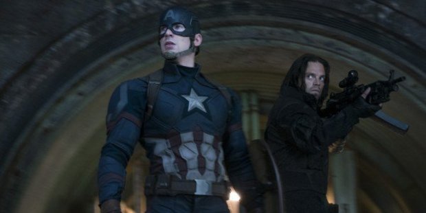 Captain America played by Chris Evans and Bucky Barnes played by Sebastian Stan in a scene from Captain America: Civil War.