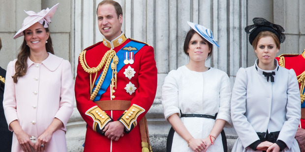 Catherine, Duchess of Cambridge, Prince William, Duke of Cambridge, Princess Eugenie and Princess Beatrice stand on the balcony during the annual Trooping the Colour. Photo / Getty Images