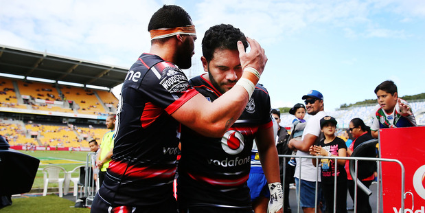 Konrad Hurrell and Bodene Thompson of the Warriors. Photo / Getty Images