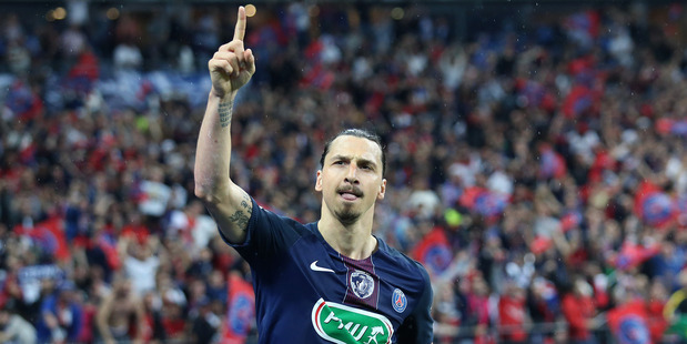 Zlatan Ibrahimovic celebrates his second goal for PSG in the French Cup final last week. Photo / Getty Images