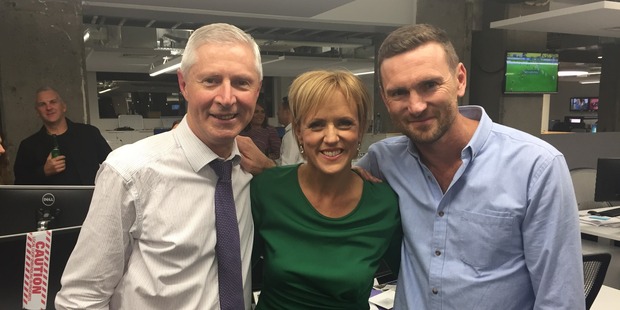 NZ Herald Focus host Tristram Clayton with Hilary Barry and Mediaworks former head of news Mark Jennings. Photo / Supplied