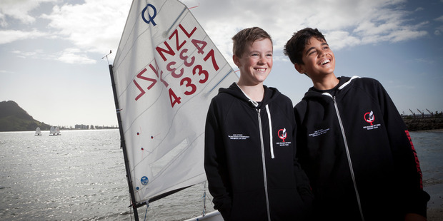 Tauranga sailors Lachlan Dillon (left) and Joel Kennedy will represent New Zealand at a major Optimist regatta in Sri Lanka. Photo / Andrew Warner