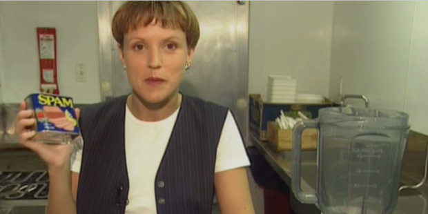 Barry as a young reporter making and tasting a Spam smoothie. Photo: MediaWorks