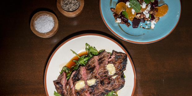 The grilled beef and a beetroot side-salad. Photo / Michael Craig