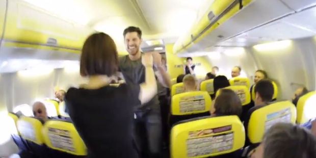 The group started dancing in the aisle of the Boeing 737-800. Photo / Golden Swing Society