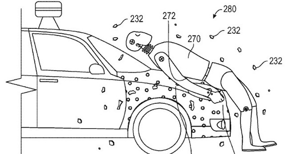 In a new patent, Google describes a system in which pedestrians struck by a vehicle would become stuck to the hood. Photo / US Patent and Trademark Office via Washington Post