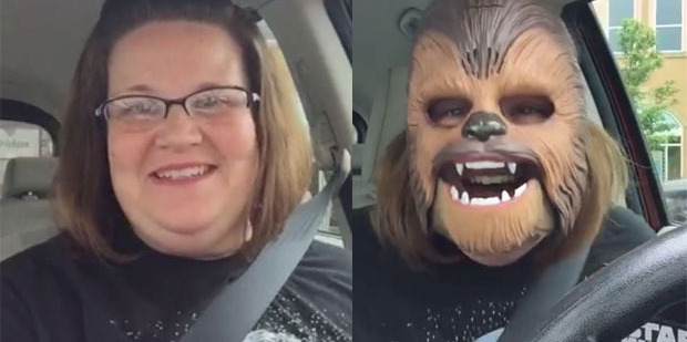 Candace Payne went live on Facebook as she unboxed and tried on her new Star Wars mask. Photos / Facebook