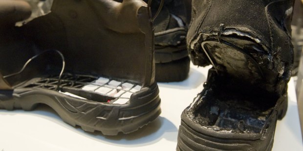 The shoes used in the failed attempt to blow up an airplane by shoe bomber Richard Reid. Photo / Getty Images