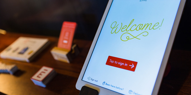 A guest registration tablet inside the San Francisco office space of Envoy. Photo / Nick Otto