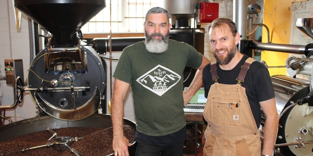 Rocket Coffee co-owner Glen Woodcock (left) and Good George brewer Brent Edwards. Photo / Supplied