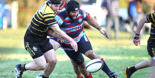 Rotoiti's Joe Royal scrambles for the ball against Greerton at Emery Park today. Photo/Ben Fraser
