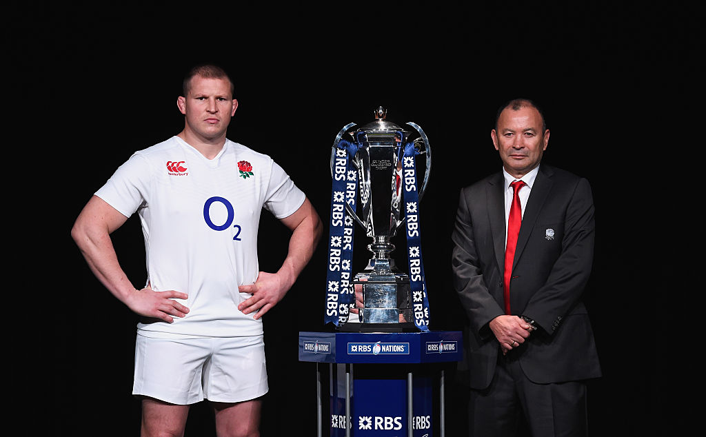Dylan Hartley and Eddie Jones with the RBS Six Nations trophy. Photo / Getty