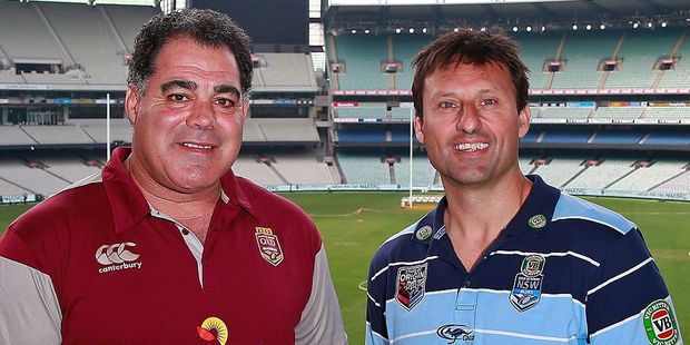 Former Maroons coach Mal Meninga and Blues coach Laurie Daley. Photo / Getty