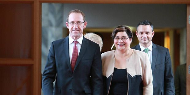Andrew Little, Metiria Turei and James Shaw before today's press conference. Photo / Facebook