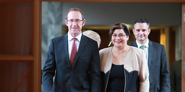 Labour leader Andrew Little and Green Party co-leaders Metiria Turei and James Shaw are all smiles in their show of solidarity. Photo / Facebook
