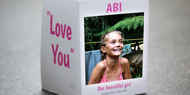 Funeral service card for Abi Hone after she was killed in a car crash along with her friend Ella Summerfield, 12, and Ella's mother Sally Summerfield. Photo / Supplied