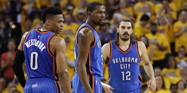 Thunder trio Russell Westbrook, Kevin Durant and Steven Adams. Photo / Getty