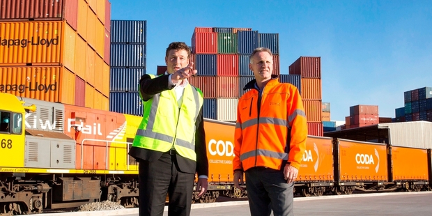 Coda chief executive Scott Brownlee and KiwiRail chief executive Peter Reidy: completing key freight logistics milestone.