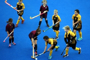 Arna Paewai (left), 8, from Frimley School in Hastings and Niwhai Heperi, 7, from Mahora School in Hastings tussle for possession in the junior hockey grade at Unison's Hockey Stadium on Saturday. Photo / Paul Taylor