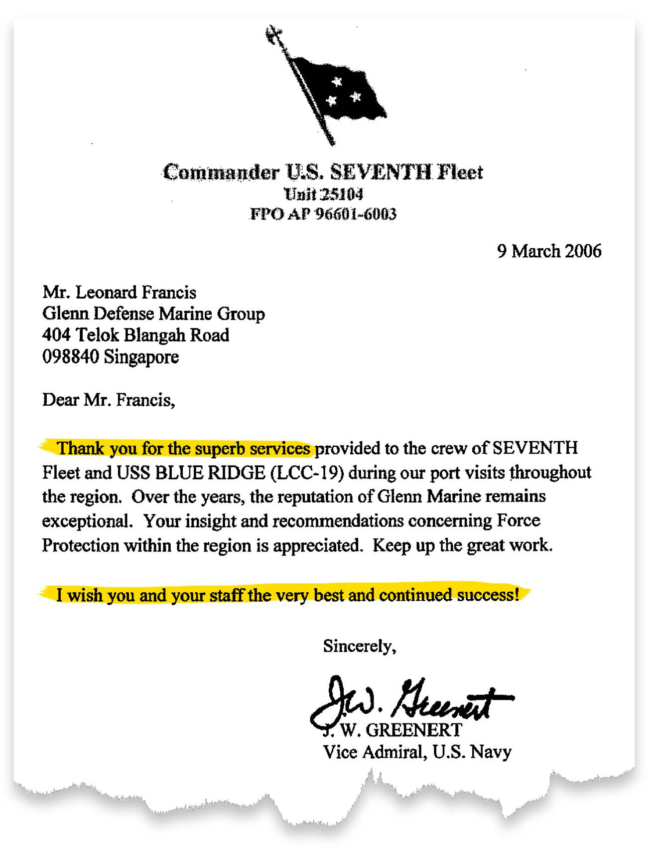 A 2006 laudatory ''Bravo Zulu'' note from then-Vice Adm. Jonathan Greenert to Leonard "Fat Leonard" Glenn Francis. Photo / The Washington Post