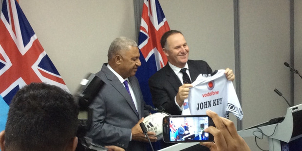 Prime Minister John Key and Fijian Prime Minister Frank Bainimarama front a press conference together in Fiji. Photo / Claire Trevett