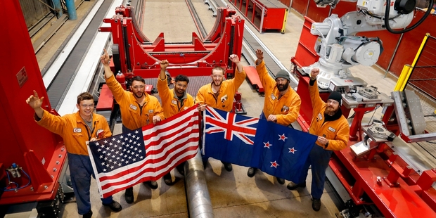 Culham Engineering apprentices Cameron Dinsdale, Rua Paikea, Dylan Dewasurendra, Claude Wyatt, John Wyatt and Jayde Marias celebrate their company's high-profile SkyCity contract. Photo / John Stone